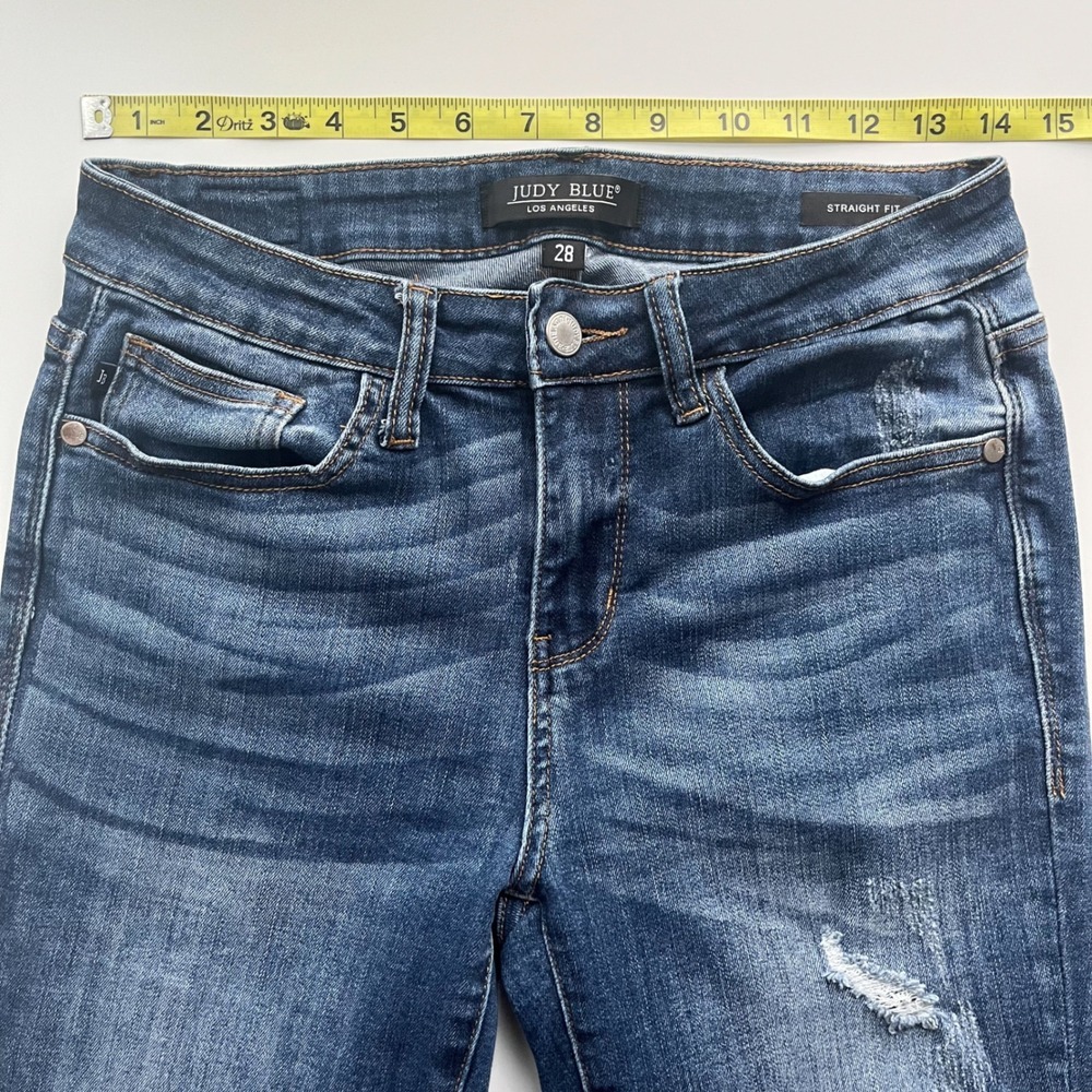 Judy Blue Straight Fit Distressed Denim Jeans Womens 28 Dark Wash Straight Leg - Picture 10 of 14